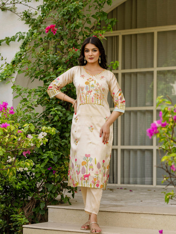 Women's Viscose Assam Silk Embroidered Beads Kurta with Bottom & Assam Silk Dupatta Set
