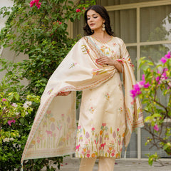 Women's Viscose Assam Silk Embroidered Beads Kurta with Bottom & Assam Silk Dupatta Set
