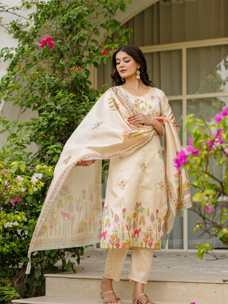 Women's Viscose Assam Silk Embroidered Beads Kurta with Bottom & Assam Silk Dupatta Set