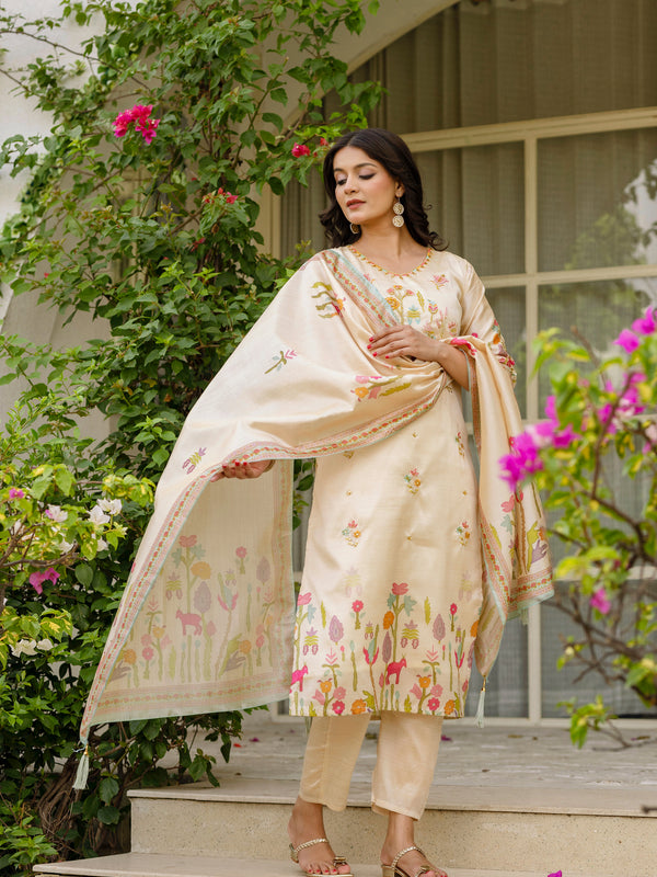 Women's Viscose Assam Silk Embroidered Beads Kurta with Bottom & Assam Silk Dupatta Set