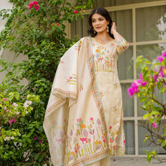 Women's Viscose Assam Silk Embroidered Beads Kurta with Bottom & Assam Silk Dupatta Set