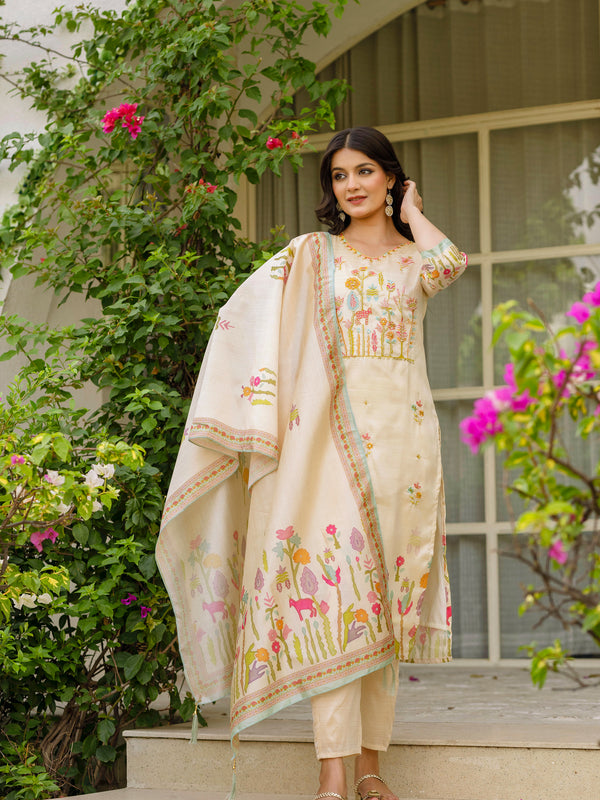 Women's Viscose Assam Silk Embroidered Beads Kurta with Bottom & Assam Silk Dupatta Set