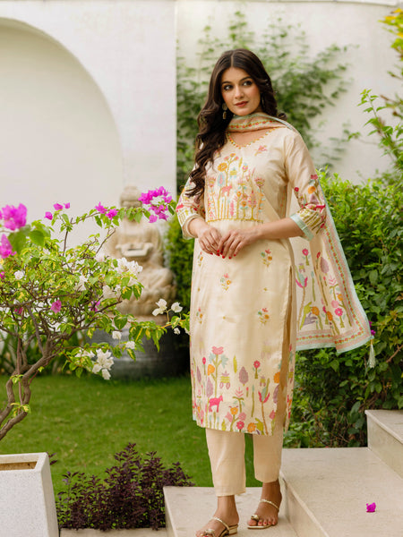 Women's Viscose Assam Silk Embroidered Beads Kurta with Bottom & Assam Silk Dupatta Set