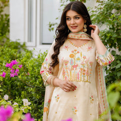 Women's Viscose Assam Silk Embroidered Beads Kurta with Bottom & Assam Silk Dupatta Set