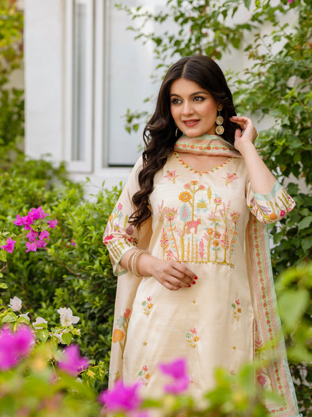 Women's Viscose Assam Silk Embroidered Beads Kurta with Bottom & Assam Silk Dupatta Set