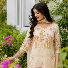 Women's Viscose Assam Silk Embroidered Beads Kurta with Bottom & Assam Silk Dupatta Set