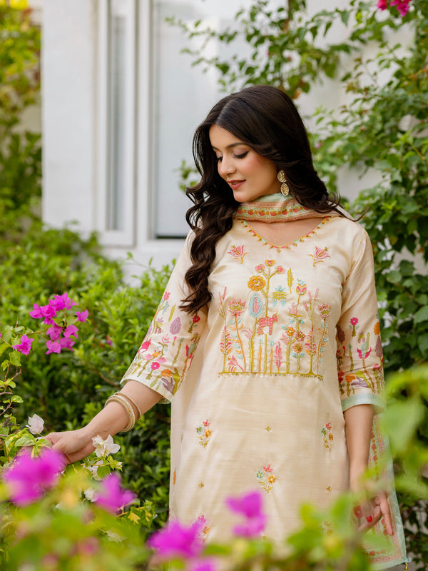 Women's Viscose Assam Silk Embroidered Beads Kurta with Bottom & Assam Silk Dupatta Set