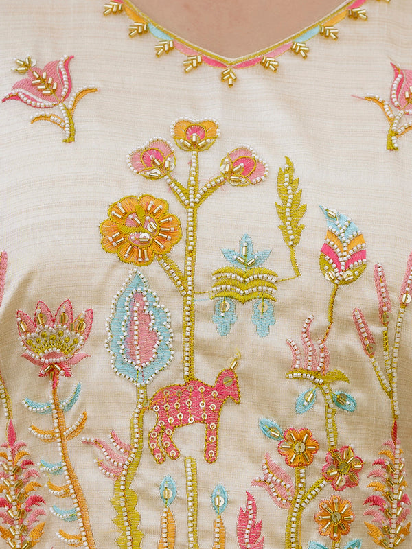 Women's Viscose Assam Silk Embroidered Beads Kurta with Bottom & Assam Silk Dupatta Set