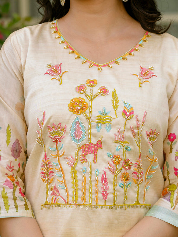 Women's Viscose Assam Silk Embroidered Beads Kurta with Bottom & Assam Silk Dupatta Set