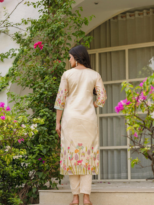 Women's Viscose Assam Silk Embroidered Beads Kurta with Bottom & Assam Silk Dupatta Set