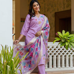 Women's Viscose Gadhwal Embroidered Beads Kurta with Bottom & Jacquard Tabby Organza Dupatta Set