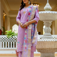 Women's Viscose Gadhwal Embroidered Beads Kurta with Bottom & Jacquard Tabby Organza Dupatta Set