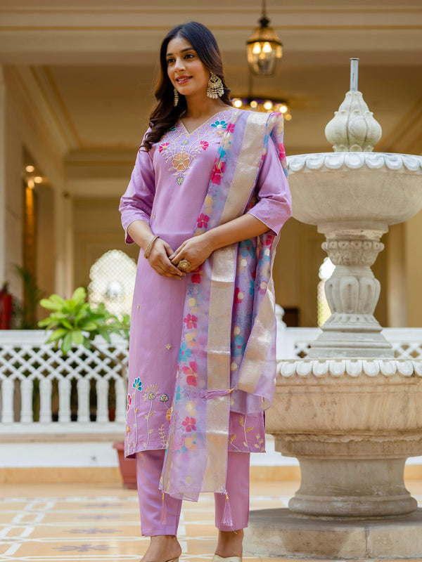 Women's Viscose Gadhwal Embroidered Beads Kurta with Bottom & Jacquard Tabby Organza Dupatta Set