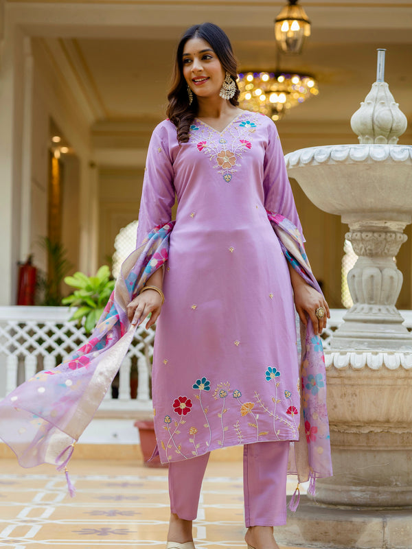 Women's Viscose Gadhwal Embroidered Beads Kurta with Bottom & Jacquard Tabby Organza Dupatta Set