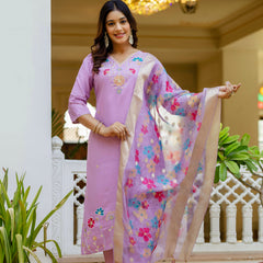 Women's Viscose Gadhwal Embroidered Beads Kurta with Bottom & Jacquard Tabby Organza Dupatta Set