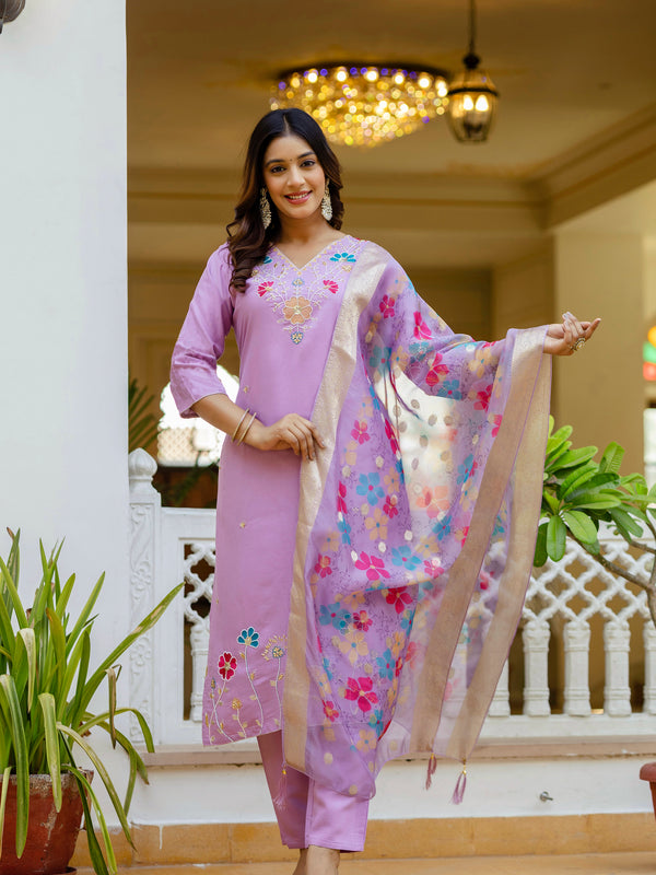 Women's Viscose Gadhwal Embroidered Beads Kurta with Bottom & Jacquard Tabby Organza Dupatta Set