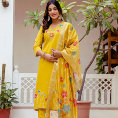 Women's Viscose Gadhwal Embroidered Beads Kurta with Bottom & Jacquard Tabby Organza Dupatta Set