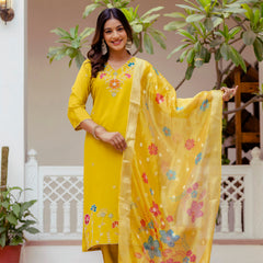 Women's Viscose Gadhwal Embroidered Beads Kurta with Bottom & Jacquard Tabby Organza Dupatta Set