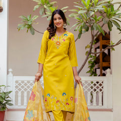 Women's Viscose Gadhwal Embroidered Beads Kurta with Bottom & Jacquard Tabby Organza Dupatta Set