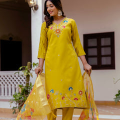 Women's Viscose Gadhwal Embroidered Beads Kurta with Bottom & Jacquard Tabby Organza Dupatta Set