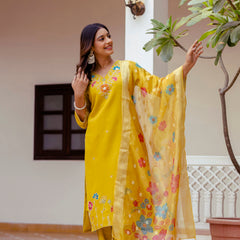 Women's Viscose Gadhwal Embroidered Beads Kurta with Bottom & Jacquard Tabby Organza Dupatta Set