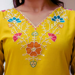 Women's Viscose Gadhwal Embroidered Beads Kurta with Bottom & Jacquard Tabby Organza Dupatta Set