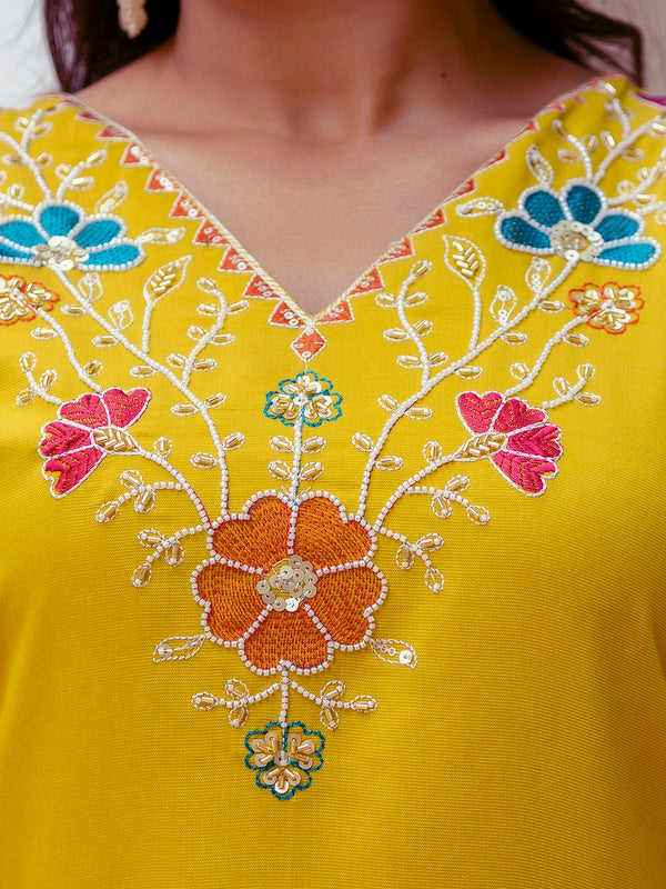 Women's Viscose Gadhwal Embroidered Beads Kurta with Bottom & Jacquard Tabby Organza Dupatta Set