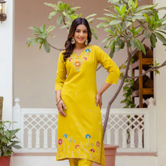 Women's Viscose Gadhwal Embroidered Beads Kurta with Bottom & Jacquard Tabby Organza Dupatta Set