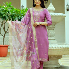 Women's Viscose Chanderi Silk Embroidered Beads Kurta with Bottom & Tabby Organza Dupatta Set  👗 Product Details 👗