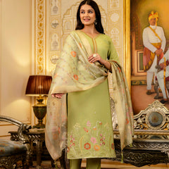 Women's Viscose Simer Embroidered Kurta with Bottom & Jacquard Organza Dupatta Set