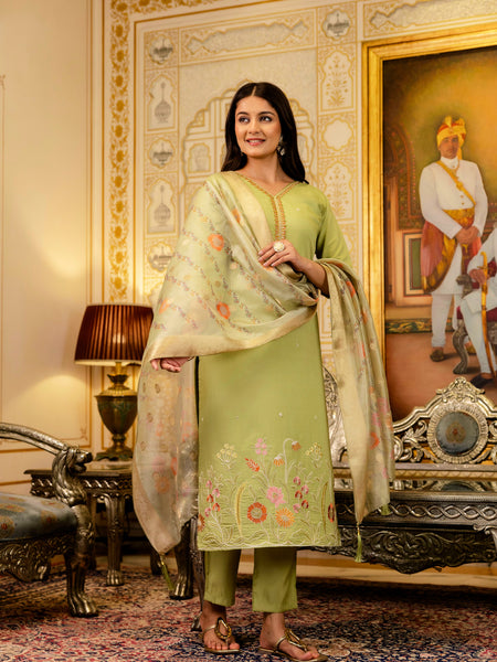 Women's Viscose Simer Embroidered Kurta with Bottom & Jacquard Organza Dupatta Set