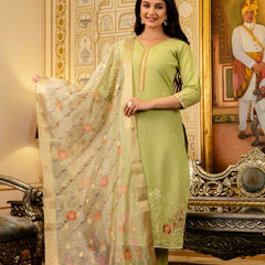 Women's Viscose Simer Embroidered Kurta with Bottom & Jacquard Organza Dupatta Set