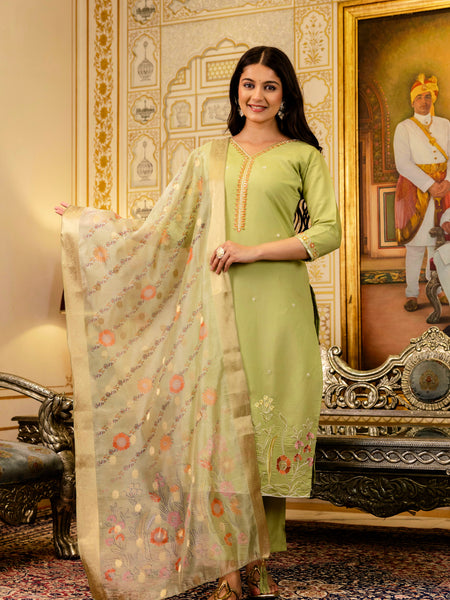 Women's Viscose Simer Embroidered Kurta with Bottom & Jacquard Organza Dupatta Set