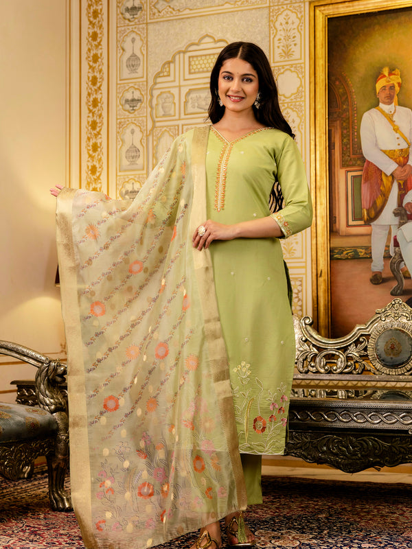 Women's Viscose Simer Embroidered Kurta with Bottom & Jacquard Organza Dupatta Set