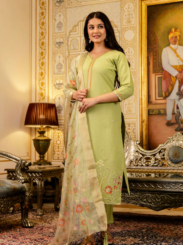 Women's Viscose Simer Embroidered Kurta with Bottom & Jacquard Organza Dupatta Set