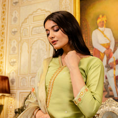 Women's Viscose Simer Embroidered Kurta with Bottom & Jacquard Organza Dupatta Set
