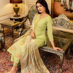 Women's Viscose Simer Embroidered Kurta with Bottom & Jacquard Organza Dupatta Set