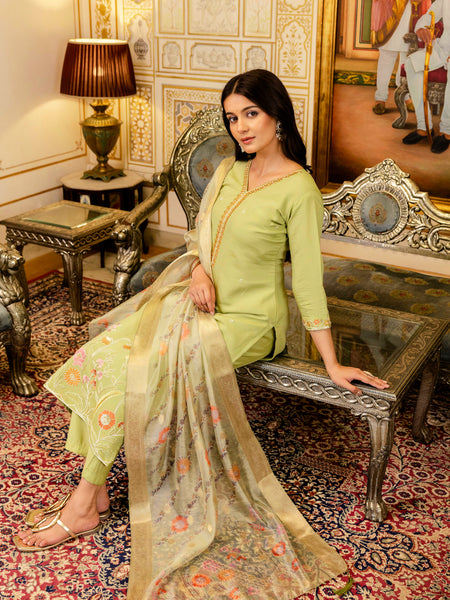 Women's Viscose Simer Embroidered Kurta with Bottom & Jacquard Organza Dupatta Set