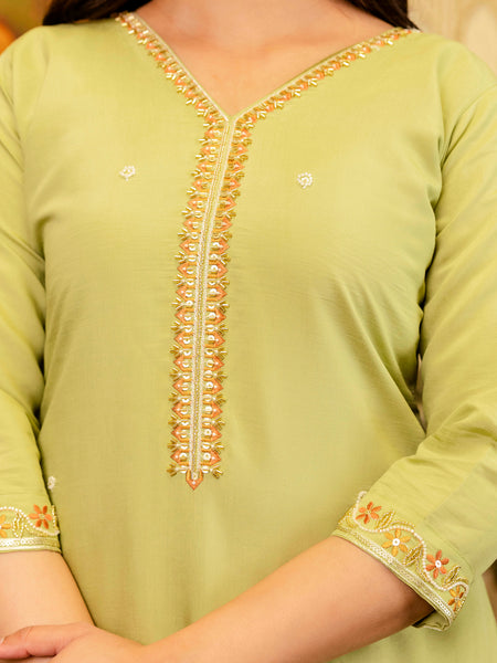 Women's Viscose Simer Embroidered Kurta with Bottom & Jacquard Organza Dupatta Set