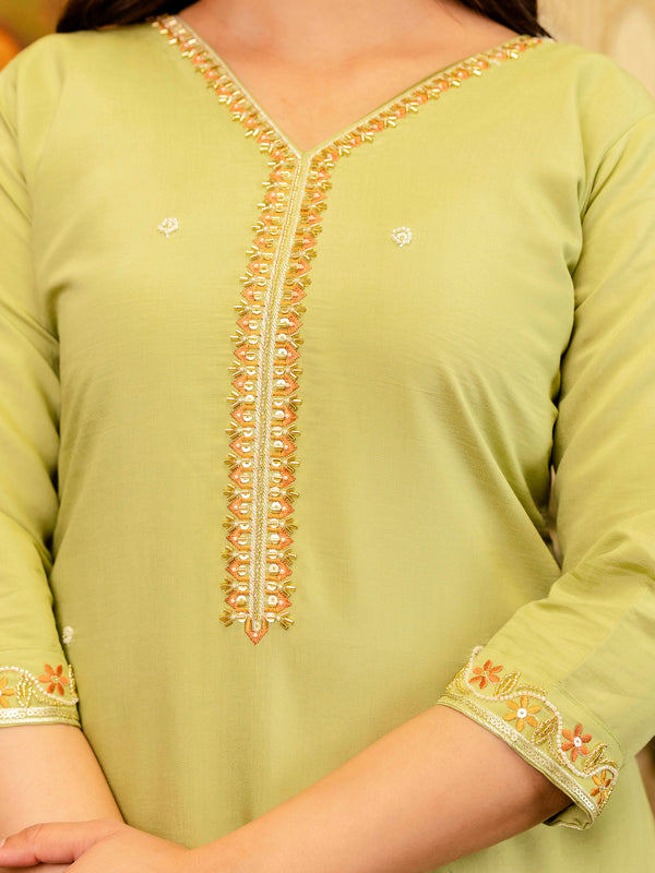 Women's Viscose Simer Embroidered Kurta with Bottom & Jacquard Organza Dupatta Set