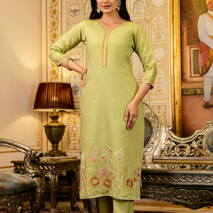 Women's Viscose Simer Embroidered Kurta with Bottom & Jacquard Organza Dupatta Set