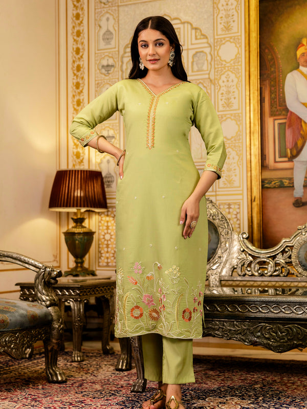 Women's Viscose Simer Embroidered Kurta with Bottom & Jacquard Organza Dupatta Set