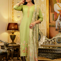 Women's Viscose Simer Embroidered Kurta with Bottom & Jacquard Organza Dupatta Set