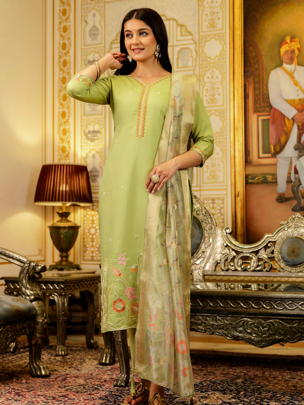 Women's Viscose Simer Embroidered Kurta with Bottom & Jacquard Organza Dupatta Set