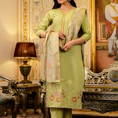 Women's Viscose Simer Embroidered Kurta with Bottom & Jacquard Organza Dupatta Set