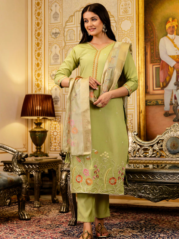 Women's Viscose Simer Embroidered Kurta with Bottom & Jacquard Organza Dupatta Set