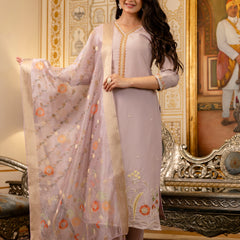 Women's Viscose Simer Embroidered Kurta with Bottom & Jacquard Organza Dupatta Set