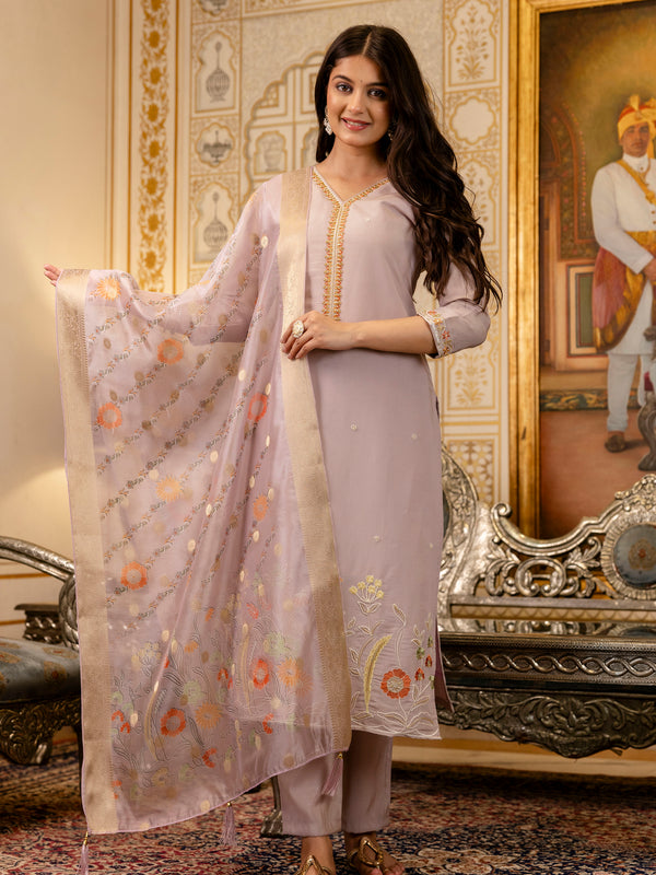 Women's Viscose Simer Embroidered Kurta with Bottom & Jacquard Organza Dupatta Set