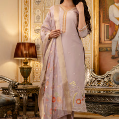 Women's Viscose Simer Embroidered Kurta with Bottom & Jacquard Organza Dupatta Set