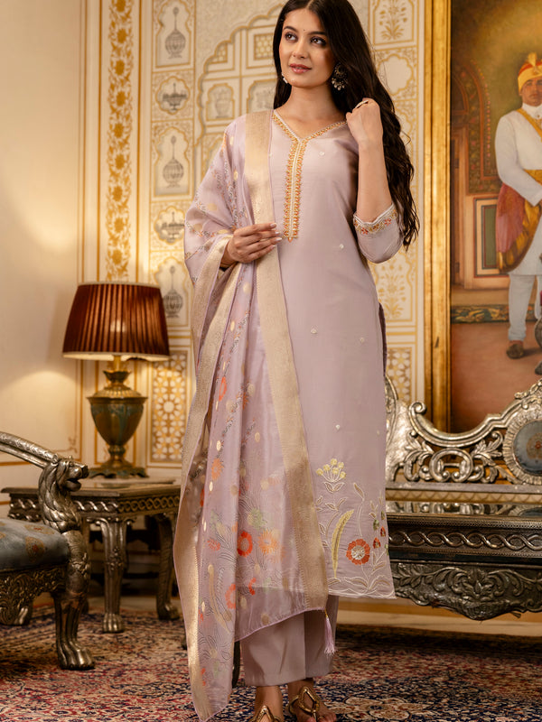 Women's Viscose Simer Embroidered Kurta with Bottom & Jacquard Organza Dupatta Set